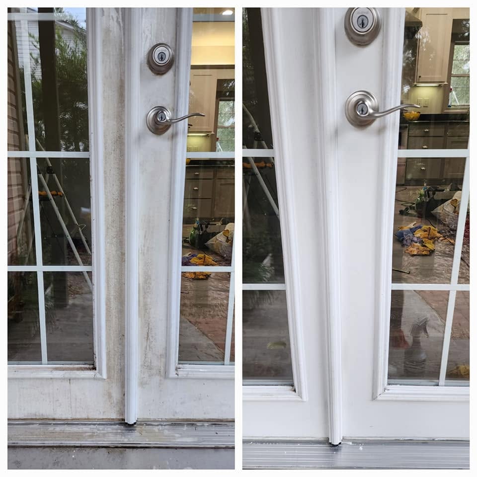 Entry door restoration, before and after cleaning by Dirtaway INC.